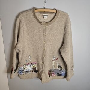 Bonworth Cat Birds Embroidered Button Down Sweater Size Large Petite L/P Vintage